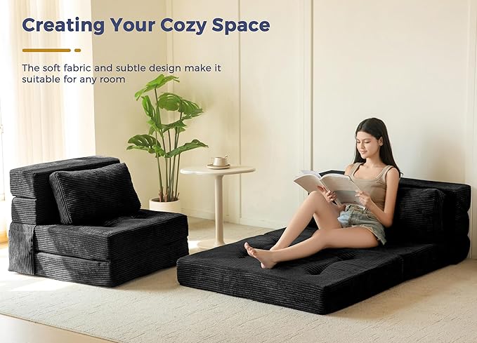 MAXYOYO Convertible Sofa Bed, Fold Out Sleeper Sofa with Pillow, 4 in 1 Tufted Folding Couch Bed Foam Floor Couch, Lazy Chair for Living Room Bedroom Guest Room, Black