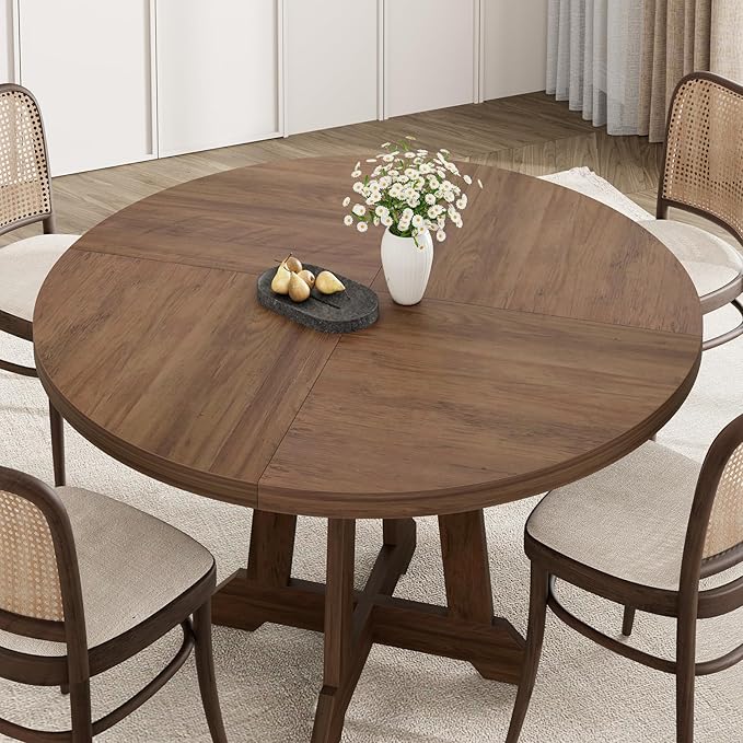 Round Dining Table for 4, 47 Inch Wooden Circle Dinner Table with Sturty Legs, 4 Parts of Tabletop, Round Pedestal Kitchen Tables for Dining Room, Kitchen, Living Room, Brown