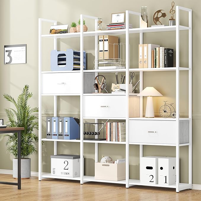 73.6" Tall Bookshelf with 3 Drawers and 16 Storage Shelves, Industrial Bookcase with 16 Open Display Shelves, Large Etagere Bookshelf, Triple Wide Book Shelf Book Case for Home & Office, White