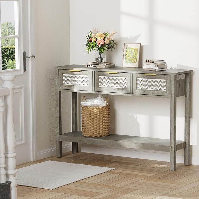 Entryway Table, Rattan Console Table with 3 Storage Drawers and Storage Shelf, Sofa Table with Socket, for Entryway, Living Room, Behind Couch and Hallway (Grey)