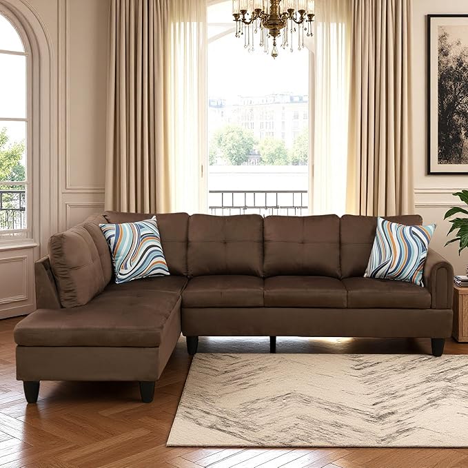 L Shaped Couch Sectional Couches with Chaise, 3 Pieces Modular Convertible Sofa for Living Room Furniture Sets and Small Apartment, Chocolate