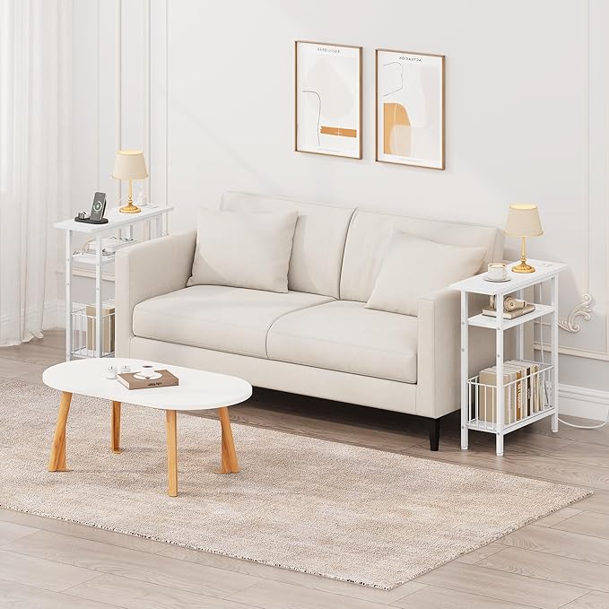 Vagusicc Narrow Side Table, Skinny Side Table for Couch, 3-Tier Small End Table for Small Spaces, Bed Side Tables with Storage, 25.2" Tall Slim Nightstand Bedside table for Living Room, Bedroom, White