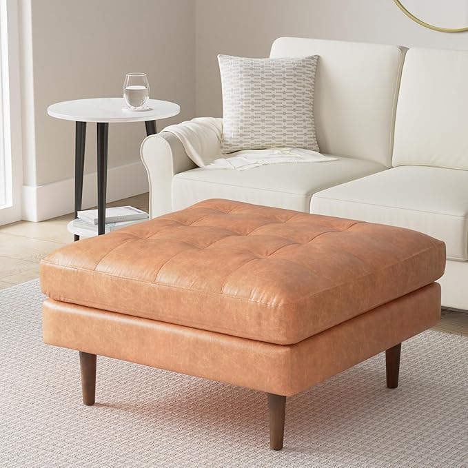 POLY & BARK Napa Ottoman - Full-Grain Leather Upholstered Ottoman with Feather-Down Topper - Couch for Living Room - Vintage Italian Leather in Cognac Tan