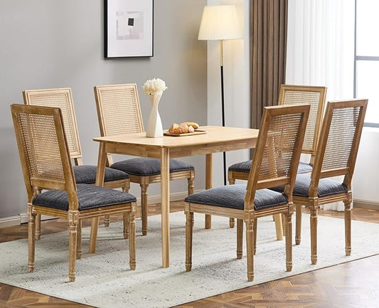 Merax Upholstered Solid Wood Dining Chairs Set of 6, French Country Style Accent Side Seating Furniture for Kitchen, Living Room, Wicker Back, Blue Gray