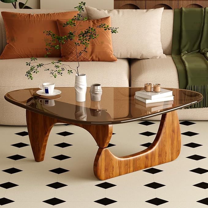 Glass Coffee Table for Living Room Mid Century Modern Triangle Center Table with Wooden Base, Brown/Walnut