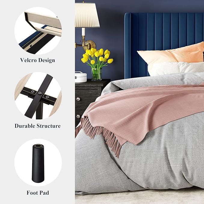 Allewie Queen Size Velvet Bed Frame/Vertical Channel Tufted Wingback Headboard/Upholstered Platform Bed/Strong Wooden Slats/No Box Spring Needed/Easy Assembly/Dark Blue