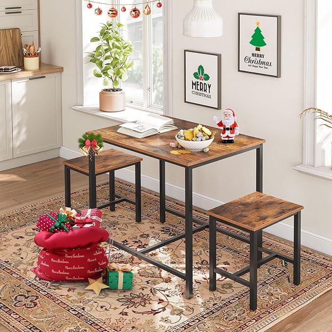 HOOBRO 3-Piece Industrial Dining Table Set, Kitchen Table, Space Saving Dinette for Kitchen, Dining Room, Small Space, Breakfast Nook, Living Room, Party, Rustic Brown and Black BF75CZ01G1