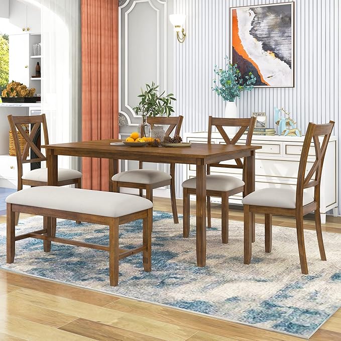 6 Pieces Dining Table Set with 60" Rectangle Kitchen Desk,Living Room Furniture W/ 4 "X-Shaped Curved Backres Fabric Chairs & 1 Bench,for Restaurant,Home Bistro,Natural Cherry
