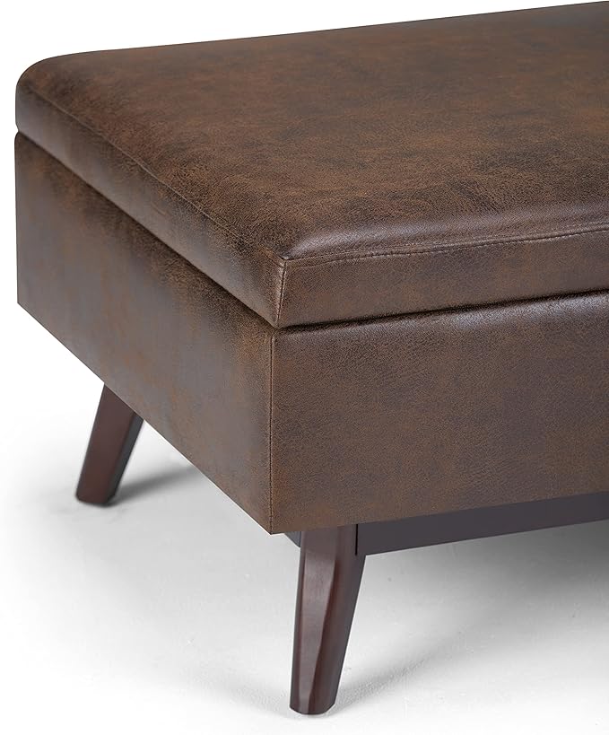 SIMPLIHOME Owen 34 inch Wide Mid Century Modern Rectangle Coffee Table Storage Ottoman in Distressed Chestnut Brown Vegan Faux Leather, Assembled, For the Living Room, Entryway and Family Room