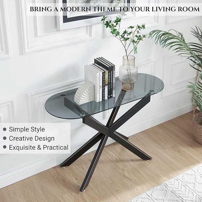 Modern Glass Oval Console Table, Entryway Hallway Narrow Sofa Table, Entrance for Entryway, Living Room, Foyer, Hallway, Office， 45" Lx18 Wx30 H Black