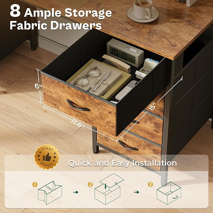 Huuger 55 Inch Computer Desk with 8 Fabric Drawers, Office Desk Work Desk for Home Office, Study, Gaming Desk with Drawers, Large Storage, Rustic Brown