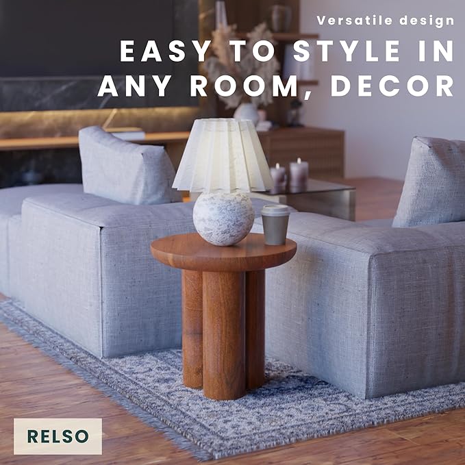 Relso Gaia Round End Table for Living Room and Farmhouse | Solid Mango Wood for Rustic Elegance | Ideal for Side Tables, Nightstands & More | Wood Side Table Round for Bedroom (Walnut)