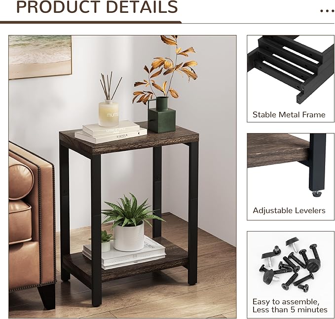 Real Solid Wood End Tables, Side Tables, Small Table with 2-Tier Storage Shelf, Nightstand for Living Room, Bedroom, Office, Bathroom