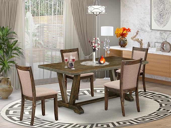 East West Furniture V777MZ716-5 5 Piece Dining Room Furniture Set Includes a Rectangle Dining Table with V-Legs and 4 Dark Khaki Linen Fabric Parsons Chairs, 40x72 Inch, Multi-Color