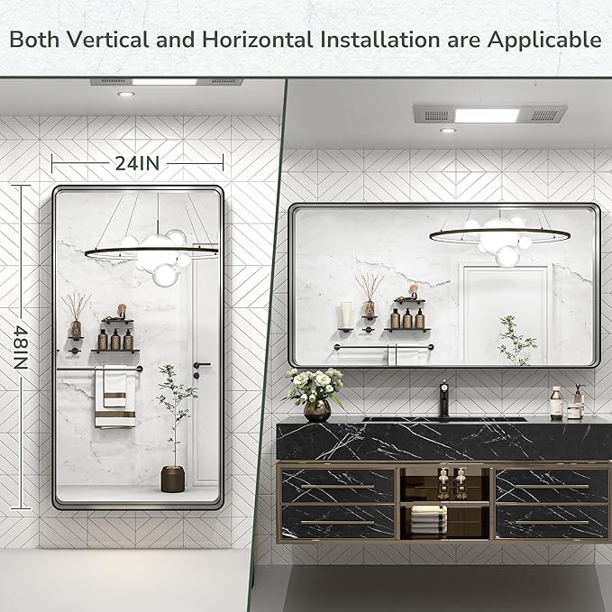 TokeShimi 48 x 24 Inch Wall Mirror Black Bathroom Vanity Mirror with Metal Frame Aluminum Alloy Rounded Corner for Modern Farmhouse Wall Decor 1”Deep Set Design (Horizontal/Vertical)