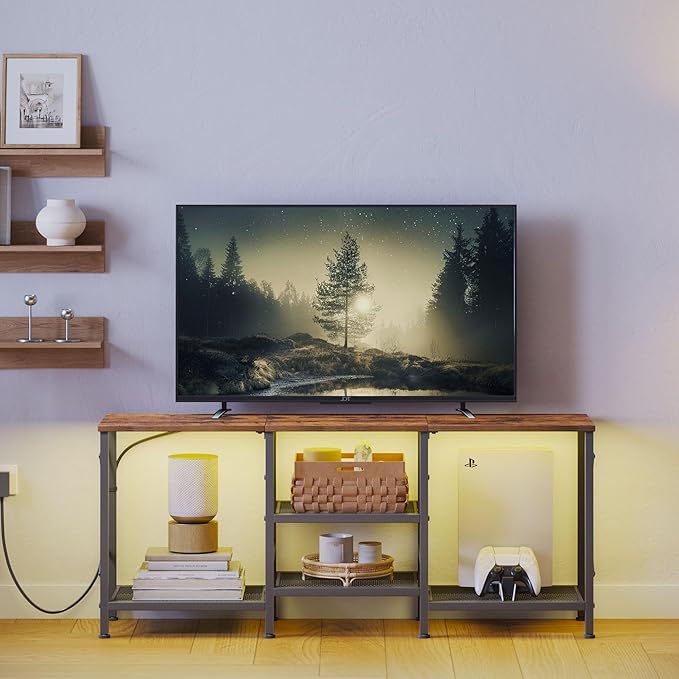 TV Stand with LED Lights for 55 Inch TV, Entertainment Center with 3-Tier Open Shelves, TV Console Table for Living Room, Bedroom, Rustic Brown