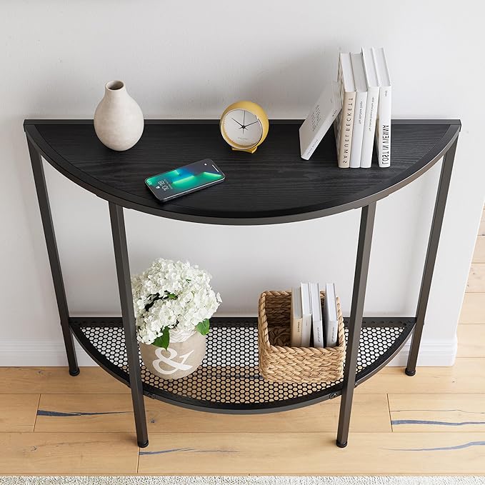 Console Table 2 Tier Narrow Entryway Table with Storage,Half Moon Sofa Couch Table,Small Hallway Entry Way Tables,Wooden Accent Side Table for Living Room Coffee Table,Black