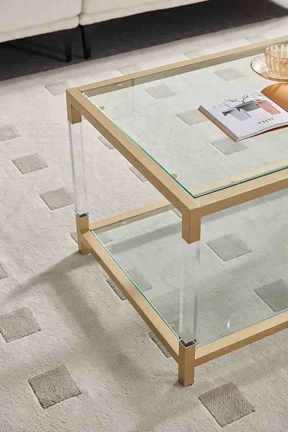 AGV LIGHTING 202205 BLEVIO Coffee Table, Modern Design Dual-Layer Coffee Table, Perfect for Living Space, Ultra-Clear Glass Top, Transparent Acrylic Leg & Gold Finish Metal Frame