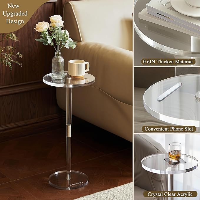 Acrylic Drink Table, Small Round Side Table for Small Space, Pedestal End Tables with Phone Holder, Multi-Use Modern Accent Tables, Martini/Cocktail Table for Living Room 10"X21" Easy Assembly