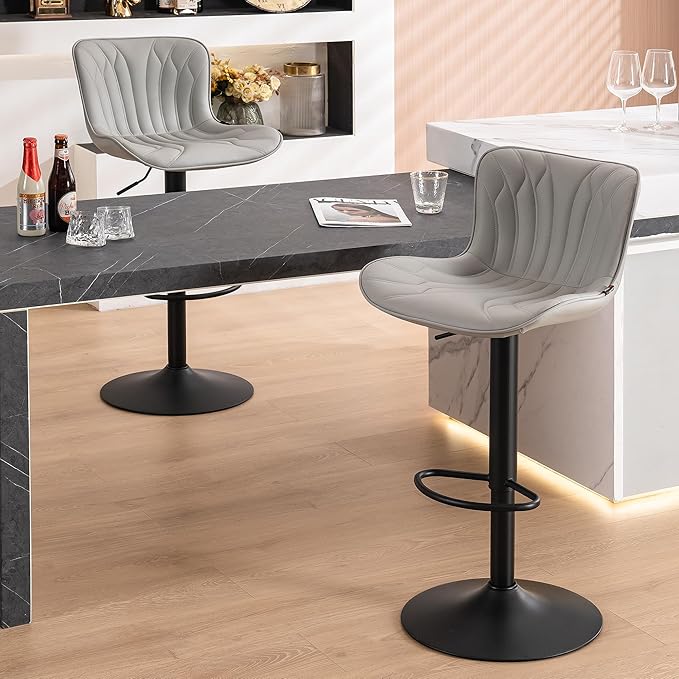 YOUNUOKE Bar Stools Kitchen Chiair Set of 2 Swivel Counter Height Barstools Adjustable Faux Leather Island Chairs Modern Metal Bar Stool with Back, Light Grey