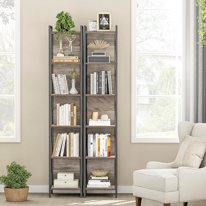 Homhedy 6 Tier Bookshelf Bookcase, Tall Narrow Bookshelf for Small Space, Metal Storage Shelves with Back Panel, for Home Office, Living Room, Kitchen, Bedroom, Industrial Style, Greige