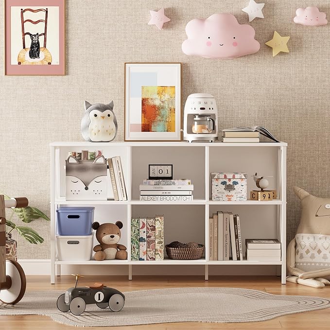 Horizontal Bookshelf Bookcase,6 Cube Storage Organizer with Open Shelf,47 Inch Industrial Low Wide Wood and Metal Cubby Shelf,Long Shelving Unit for Home Office Living Room(White,6 Cube)