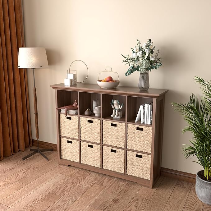 Cube Shelf Bookcase with Base - Wooden 3 Tiers Floor Standing Low Storage Cabinet for Home and Office, 12-Cube Lattice Bookshelf, Walnut
