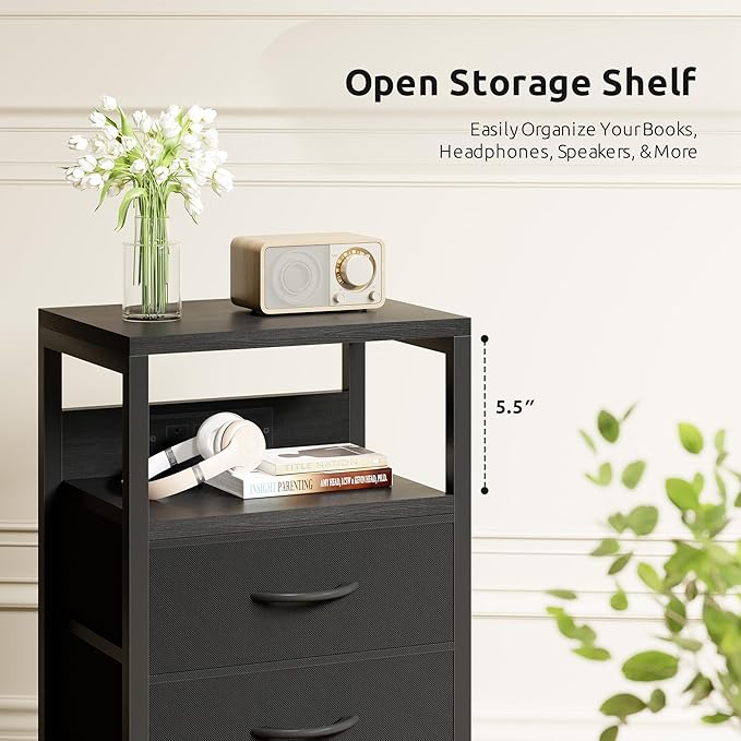 NightStand Bedside Charging Table Bedroom - Night Stand with Charger Station, Modern Nightstand with Open Shelf & 2 Fabric Drawers, Bed Side Table with USB-C USB Ports & AC Outlets for Dorm, Black