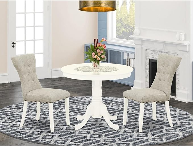 East West Furniture ANGA3-LWH-35 3 Piece Dining Room Furniture Set Contains a Round Dining Table with Pedestal and 2 Doeskin Linen Fabric Upholstered Chairs, 36x36 Inch, Linen White