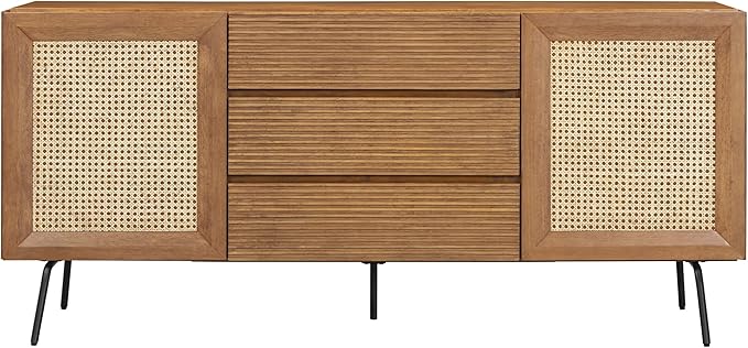 NTC MOSSIC Modern Sideboard with 4 Doors, Natural Rattan Storage Cabinet, Buffet with Metal Legs, Boho Accent Cabinet for Living Room, and Entryway, Effortless Assembly, Teak Look