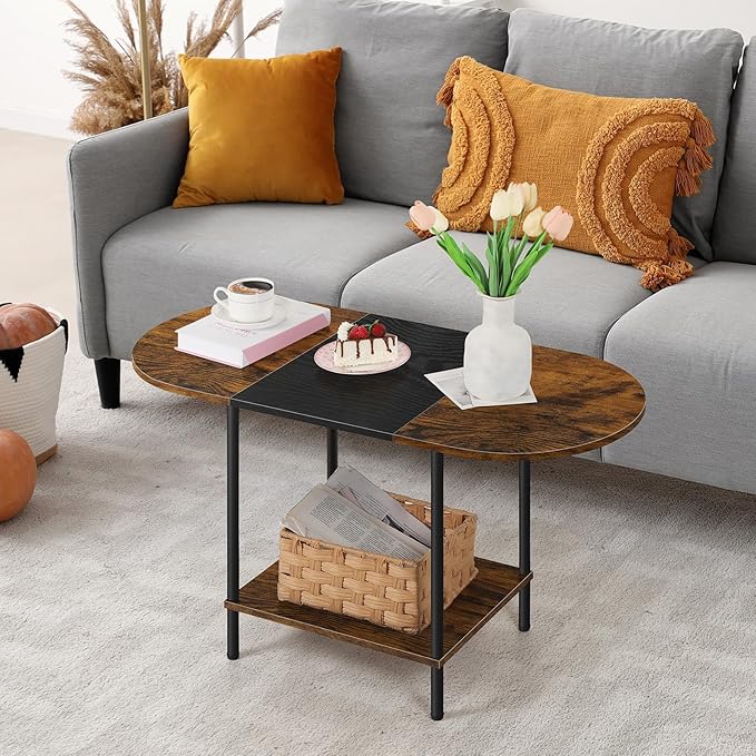 OYEAL Small Round Coffee Table for Living Room Farmhouse Oval Center Table Circular Coffee Table with 2-Layer Storage and Opening Shelf for Display,Small Space,Home Office,Black & Brown