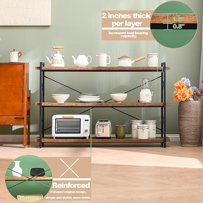 HCHQHS Bookshelf, 3-Tier Long Industrial Bookcase, Rustic Open Book Shelf, Freestanding Horizontal Bookshelves with Metal Frame