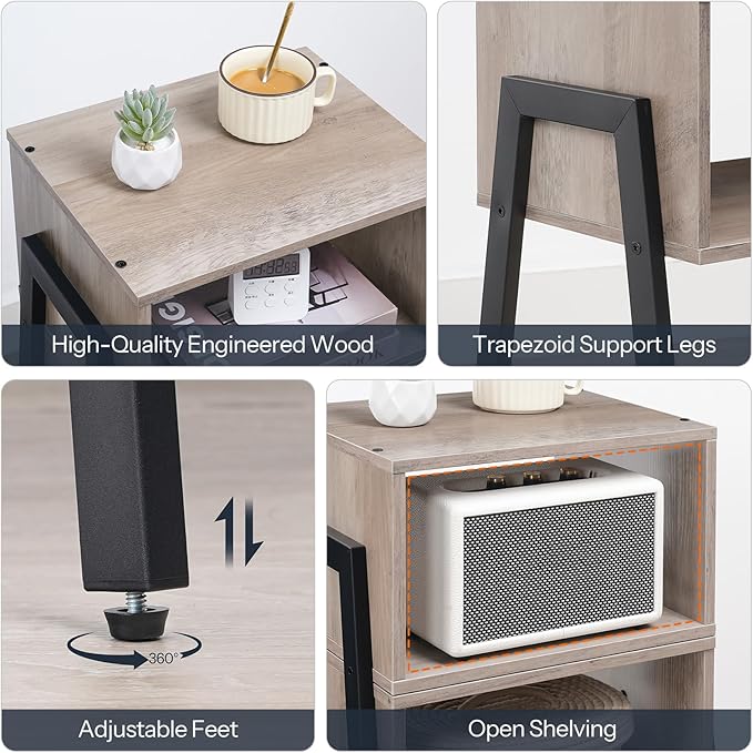 HOOBRO Nightstands Set of 2, Stackable End Table, Side Table, Bedside Tables with Open Storage Shelf, for Bedroom, Living Room, Greige and Black BG38BZP201