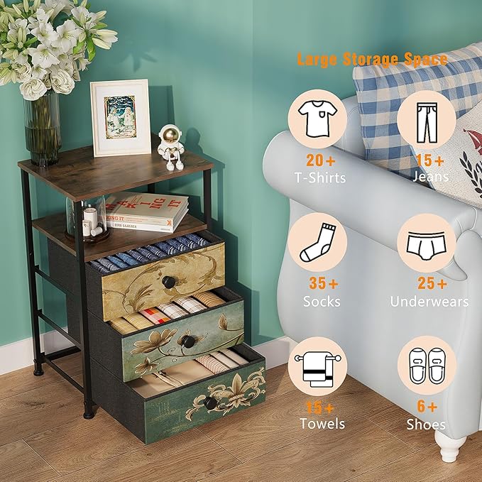 Tohomeor Nightstand with 3 Fabric Drawers Retro End Table with Storage Shelf Vintage Side Table for Bedroom Living Room Sofa Beside Farmhouse