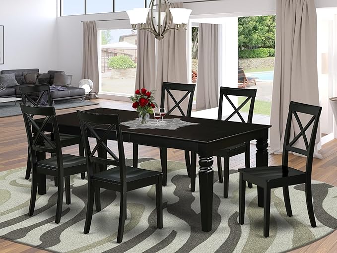 East West Furniture LGBO7-BLK-W 7 Piece Dining Set Consist of a Rectangle Dining Room Table with Butterfly Leaf and 6 Wood Seat Chairs, 42x84 Inch, Black