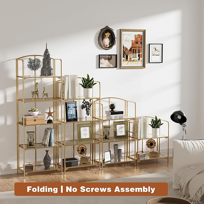 Crofy No Assembly Folding Bookshelf for Living Room, 3 Tier Gold Collapsible Book Shelf for Home Office, Portable Bookcase Storage Organizer