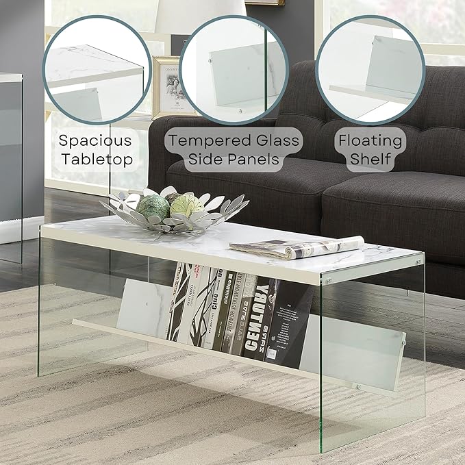 Convenience Concepts SoHo Glass Modern Living Storage Shelf, Contemporary Coffee Table for Family Room, 40", Faux White Marble