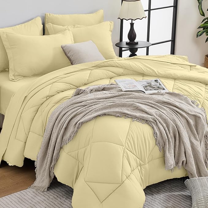 HEVUMYI Cream Yellow King Comforter Set - 7-Piece All Season Bed in a Bag King, Ultra Soft Bedding Set with Comforter, Flat Sheet, Fitted Sheet, Pillowcases, Pillow Shams