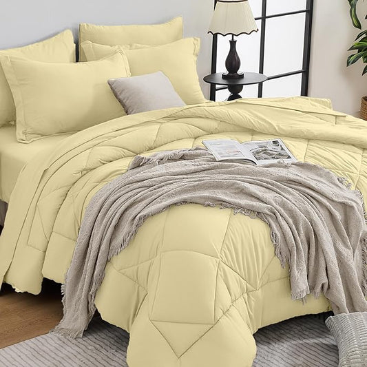 HEVUMYI Cream Yellow King Comforter Set - 7-Piece All Season Bed in a Bag King, Ultra Soft Bedding Set with Comforter, Flat Sheet, Fitted Sheet, Pillowcases, Pillow Shams