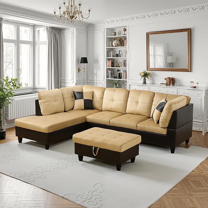 NicBex Sectional Couch 3 Pieces Sofa Set with Right Chaise Lint PVC L Shaped Cloud Couch for Living Room Furniture Sets with Storage Ottoman, Modular Sofa for Living Room & Apartment, Beige+Black