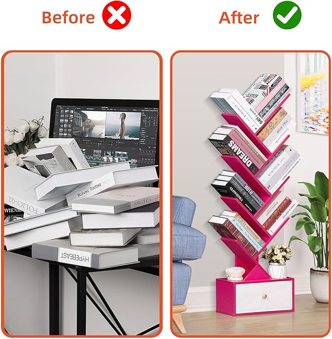 8 Tier Tree Bookshelf with Drawer, Free Standing Wood Bookcase for Narrow Space, Storage Organizer Bookshelves for Books, Book Case for Home Office, Living Room, Bedroom - Pink
