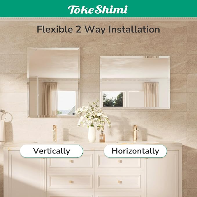TokeShimi 48x36 Frameless Bathroom Mirror for Over Sink with 1" Beveled Edge, Tempered Bathroom Vanity Mirror Beveled, Shatterproof Rectangle Mirrored Wall Mounted for Living Room, Entryway