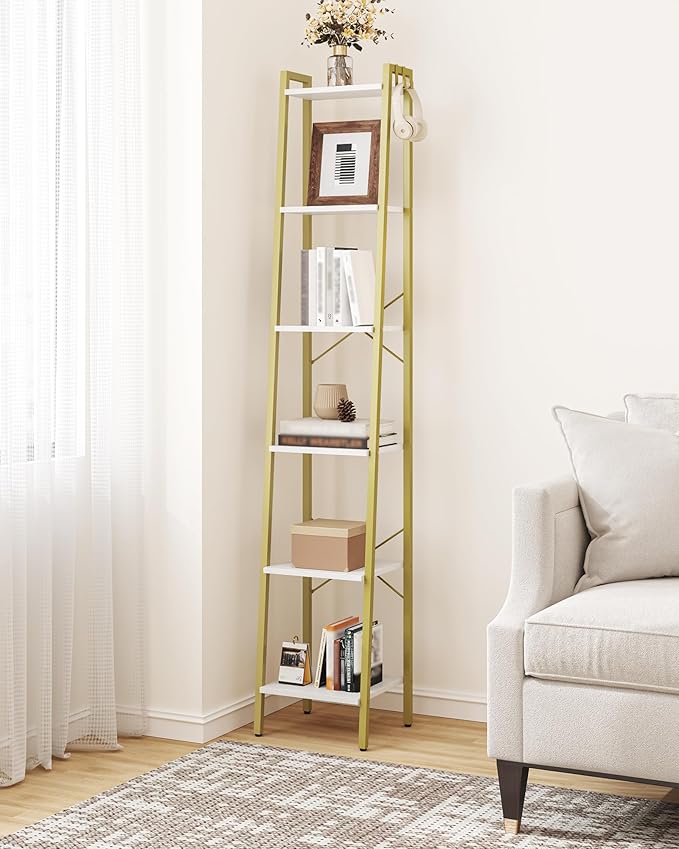 Ladder Shelf, Bookshelf Bookcase, Freestanding Corner Storage Shelve with 2 Hooks for Home Office, Living Room, Kitchen, Bedroom, Industrial, 6-Tier White Gold BC13313G