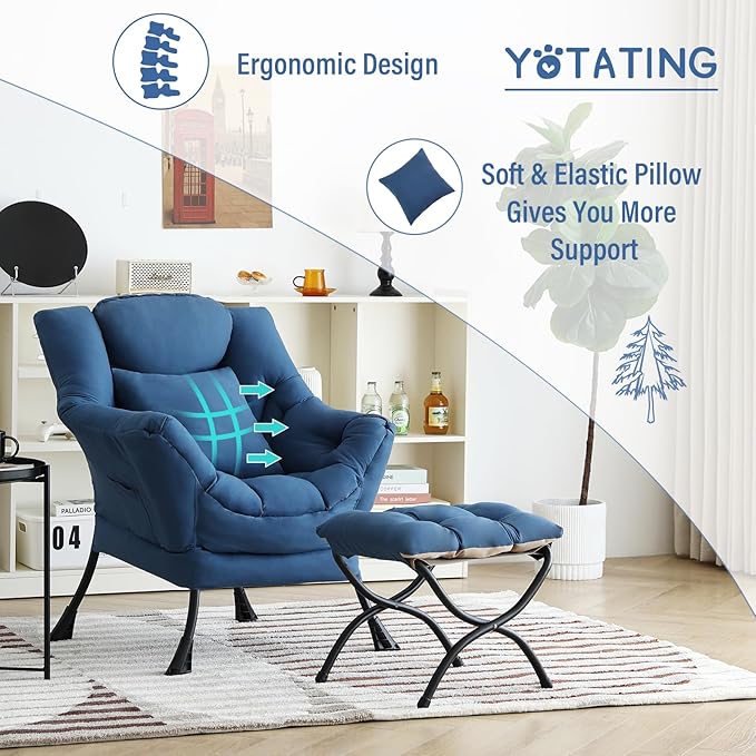 Lazy Chair with Ottoman, Comfy Reading Chair with Footstool & Pillow Modern Lounge Chair with Armrests & Side Pocket for Living Room, Bedroom, Dorm Room，Royal Blue