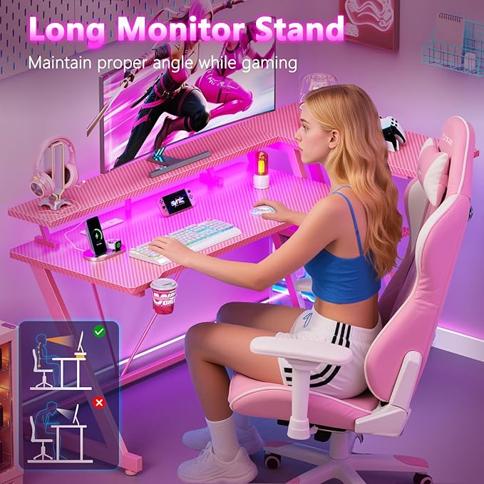 55 Inch Pink Gaming Desk with Power Outlet & LED Lights, Corner Computer Desk with 3 Tiers Storage Shelves, L Shaped Gaming Desk with Monitor Stand for Bedroom