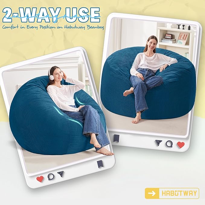 HABUTWAY 4FT Bean Bag Chair,Giant Bean Bag Chairs for Adults,Big Bean Bags with Memory Foam Filled, Large Beanbag Chairs with Soft Corduroy Cover-Dark Blue