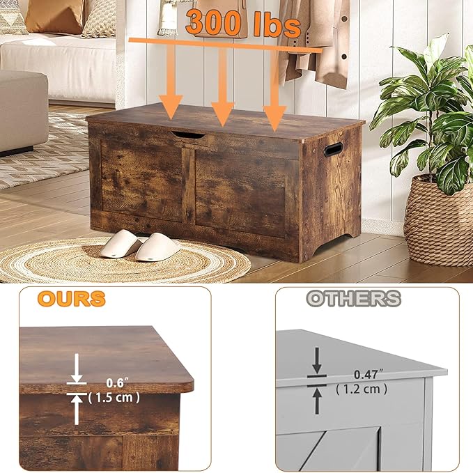 39.4" Storage Chest, Wooden Storage Bench, Lift Top Toy Chest with 2 Safety Hinges, Large Toy Box, Entryway Bench for Living Room, Bedroom, Rustic Brown