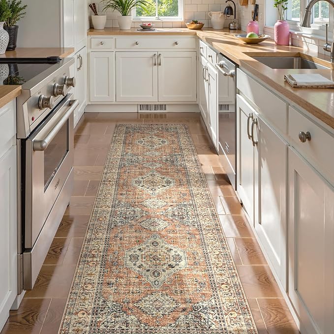 Lahome Oriental Kitchen Runners for Hallways, 2.5x10 Washable Runner Rug Non Slip, Soft Hallway Rug Distressed Ultra-Thin Long Carpet for Bathroom Entryway ‎Bedroom, Peach/Orange