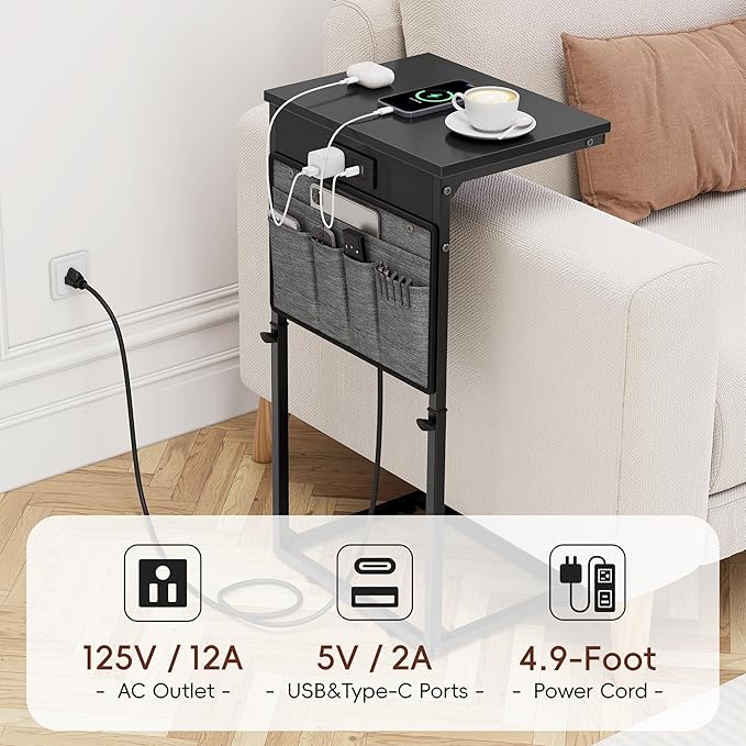 Vagusicc C-Shaped End Table Set of 2 with Charging Station, Small Side Table for Couch, Adjustable Height Couch Side Table, Slide Under Sofa Table TV Tray Tables for Living Room,Bedroom,Bedside, Black