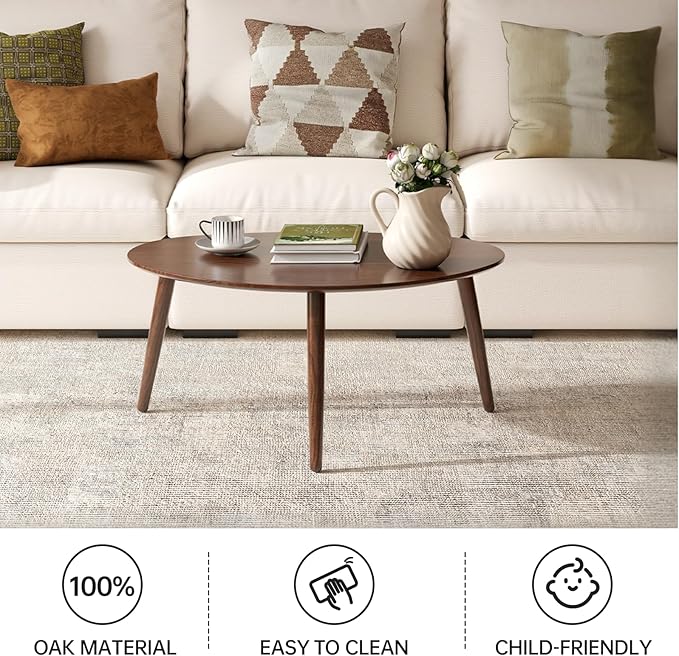 Small Oval Nesting Table, Mid Century Coffee Tables for Living Room,Solid Oak Wood Side Table,Triangle Tabletop with 3 Legs,Minimalist Display End Tables (Walnut Color, Combine)